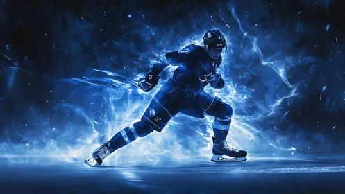 Dynamic digital painting of blue-energized ice hockey charge.