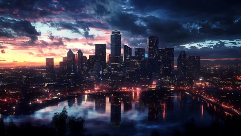 Dramatic modern city skyline at dusk above river lights.