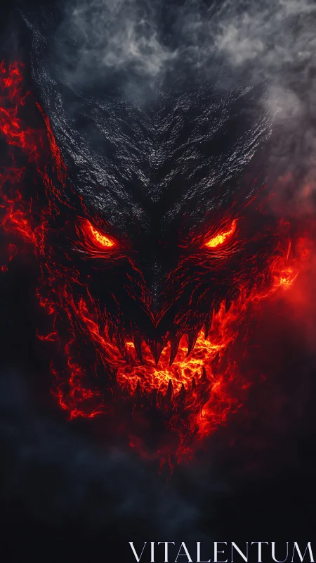 Volcanic demon visage emerges from smoke with molten lava contours