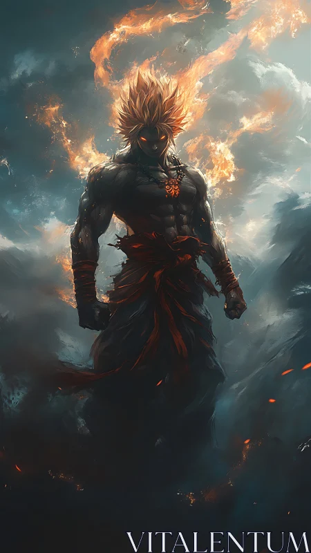 Inferno-crowned warrior strides through stormlit embers.