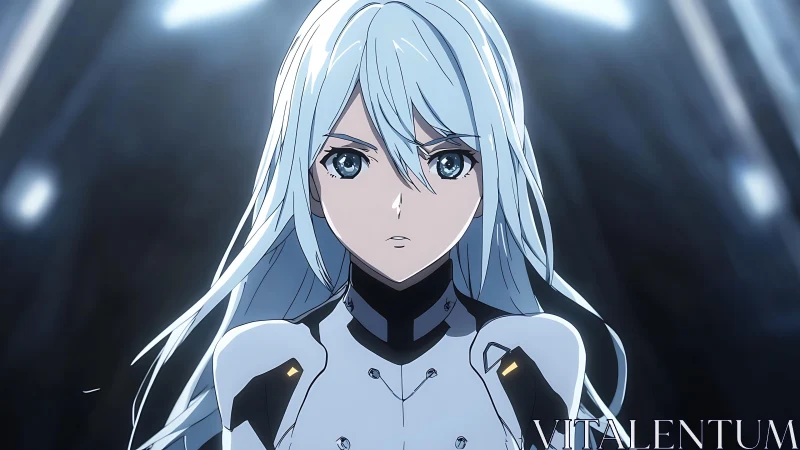 White haired anime figure in futuristic white bodysuit.