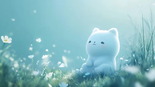 Soft white cartoon cat sitting in dreamy flower meadow.