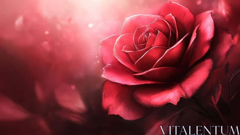 Vibrant Red Rose Glowing in Soft Pink Mist.