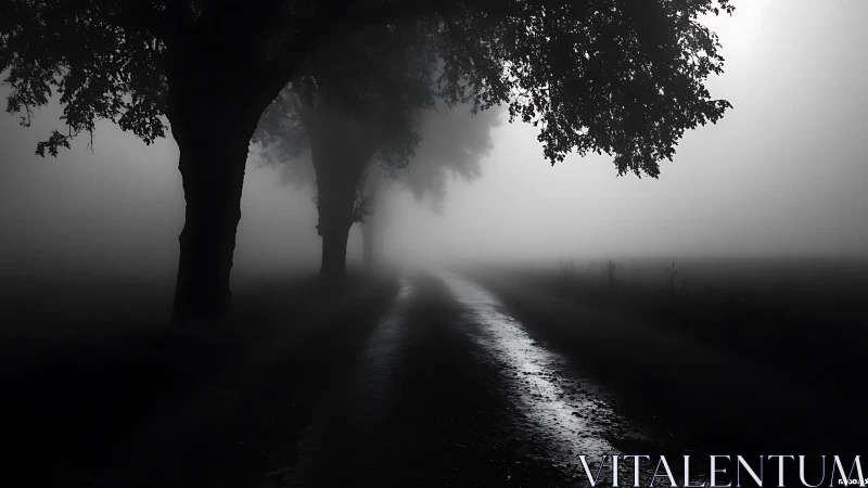 Fog-obscured country road with silhouetted trees and wet surface