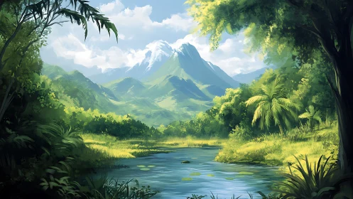 Sunlit jungle river cradled by bright snow capped peaks.