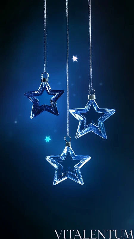 Glass star ornaments glow softly against deep blue night.