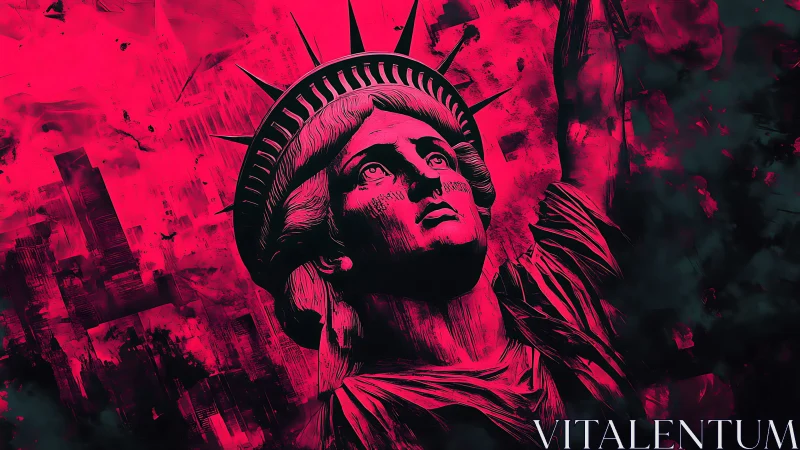 Neon magenta Statue of Liberty portrait with dystopian skyline