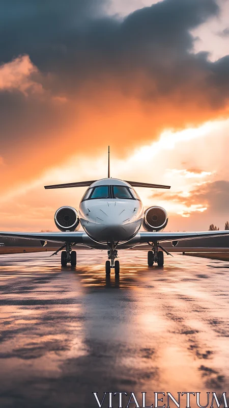 Symmetrical frontal view of private jet on wet runway at sunset