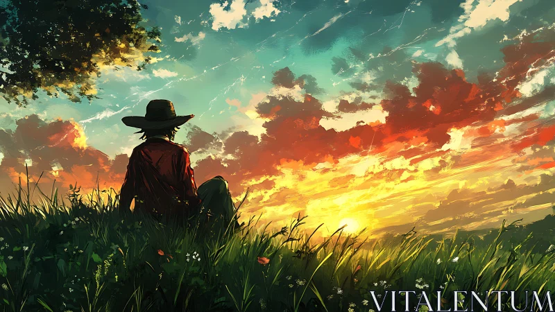 Silhouetted wanderer watching painterly meadow sunset horizon.