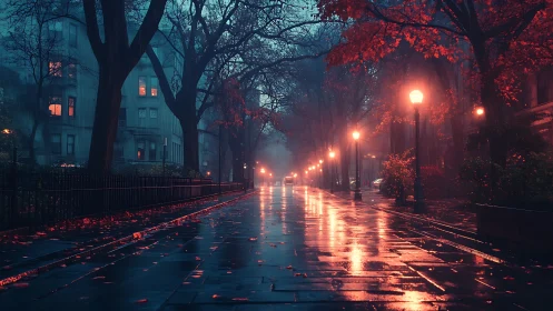 Rain drenched city avenue under crimson autumn lamplight.