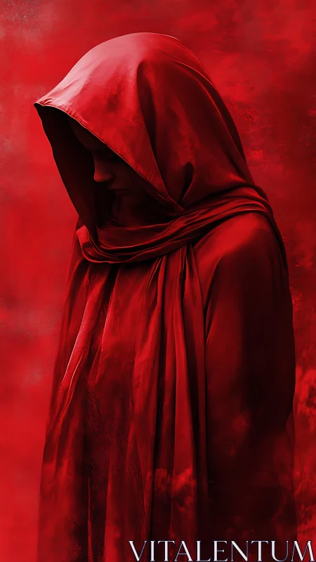 Shrouded figure in crimson hooded cloak rendered in chiaroscuro