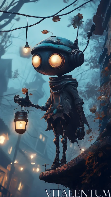 Gentle lantern robot wandering through a misty autumn town.