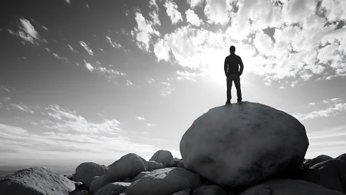 Silhouetted person stands motionless on large foreground boulder