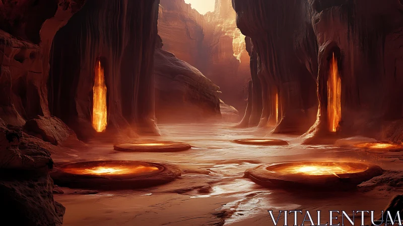 Lava portals embedded in eroded canyon walls under diffuse light