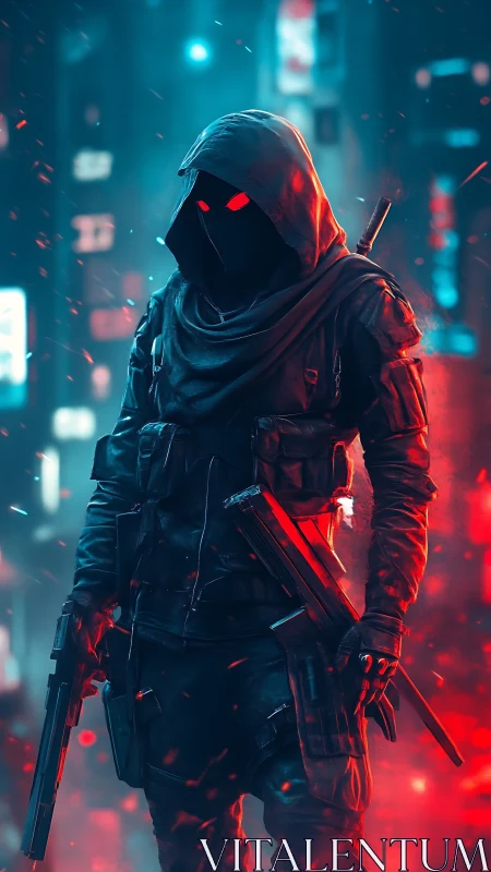 Hooded armed figure stands in neon city with glowing eyes