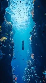 Solitary diver drifts between towering coral walls in blue calm