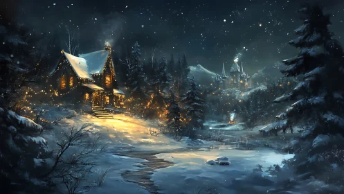 Digital painting of luminous winter cabin and distant castle.