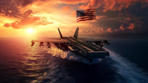 Futuristic naval aircraft carrier jet hybrid at sunset seascape