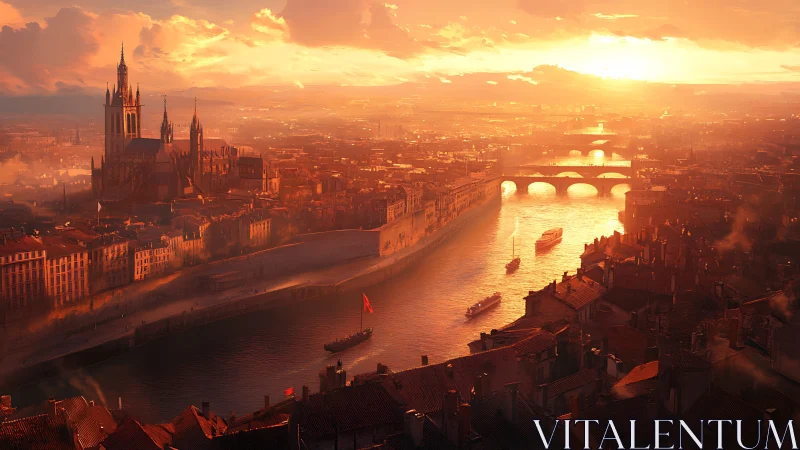 Sunlit gothic river cityscape under cinematic sunset glow.