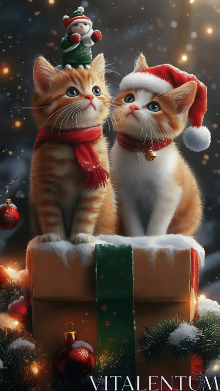 Two Christmas Cats in Red Scarves Sitting on Gift Box.