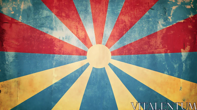 Radiant retro sunburst over weathered tricolor field.