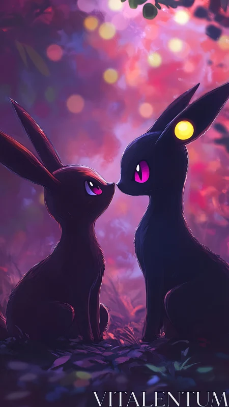 Luminescent dusk creatures in intimate forest vignette.