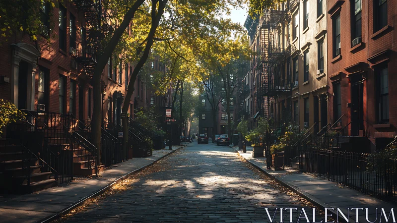 Cobbled brownstone street in warm late afternoon backlight