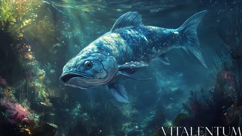 Silver-blue fish glides through luminous kelp forest seascape.