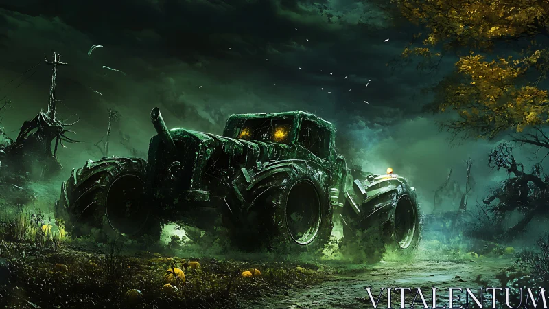 Haunted green tractor charges through eerie midnight fog.