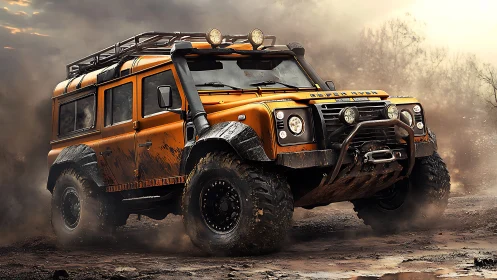 Orange off road SUV driving through muddy terrain.