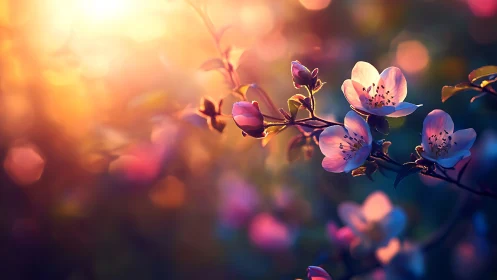 Pink flowers photographed through selective focus with warm sunlight backlighting