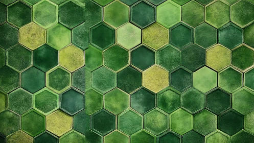 Green hexagonal tile wall shows rich textured geometry.