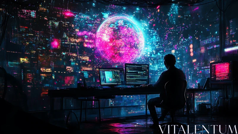 Solitary coder facing neon digital globe in dark studio.