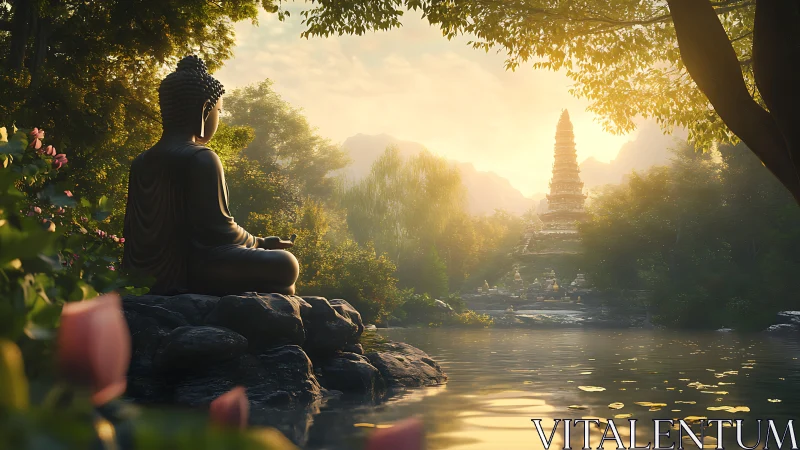 Seated Buddha statue faces distant pagoda across reflective water