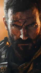 Battle-hardened soldier stares ahead with fierce resolve.