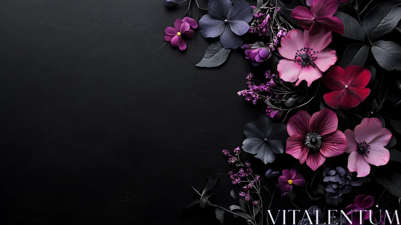 Floral arrangement composition on dark surface with pink magenta purple flowers