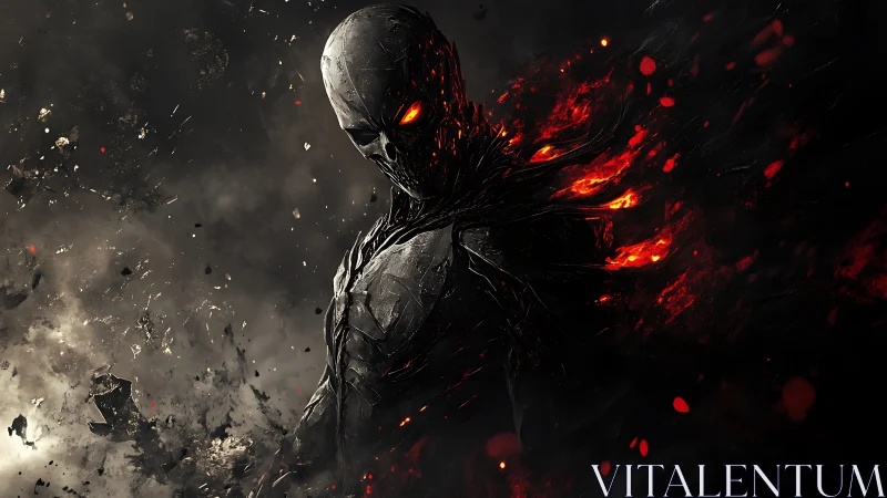 Fierce molten warrior emerges from swirling shadow and flame