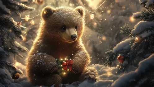 Bear cub with winter holiday lights in snowy forest scene.