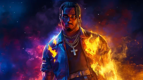 Flaming cyber-noir portrait merges human form with spectral fire