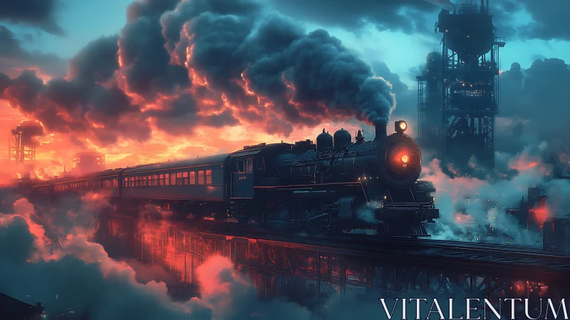Steam titan crossing a neon dusk of clouds and steel.