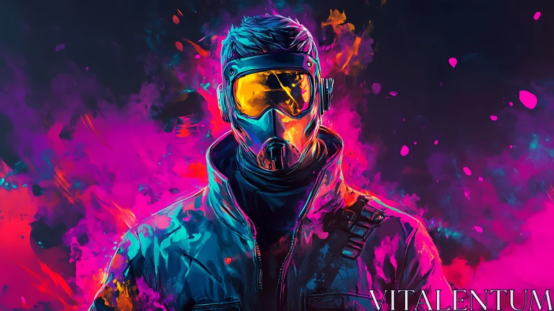 Neon masked cyberpunk figure in magenta cyan vapor explosion