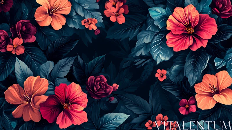 Vibrant Botanical Digital Composition with Layered Floral Arrangement.