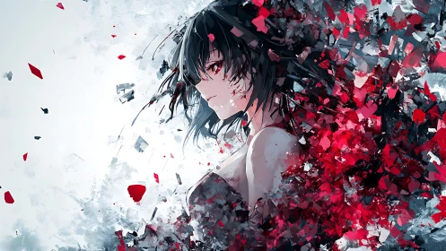 Shattered crimson muse dissolving into stormborn fragments.