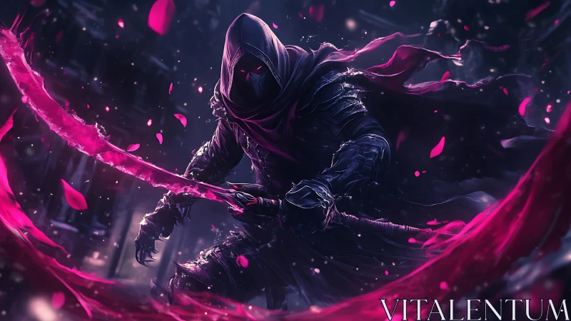 Hooded nightblade unleashes glowing magenta energy slash.