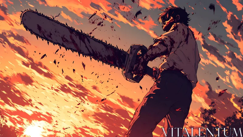 Bloodstained man with chainsaw silhouetted against blazing sunset