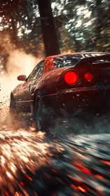 Red sports car racing through glowing forest sparks.