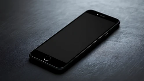 Black smartphone displaying dark screen on textured surface