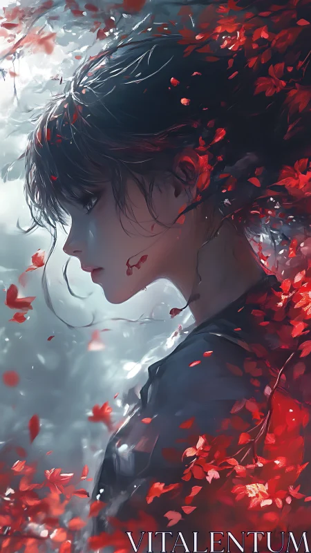 Solitary profile portrait framed by drifting crimson petals.