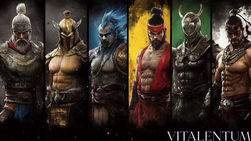 Warrior lineup stands in dramatic, elemental character portraits