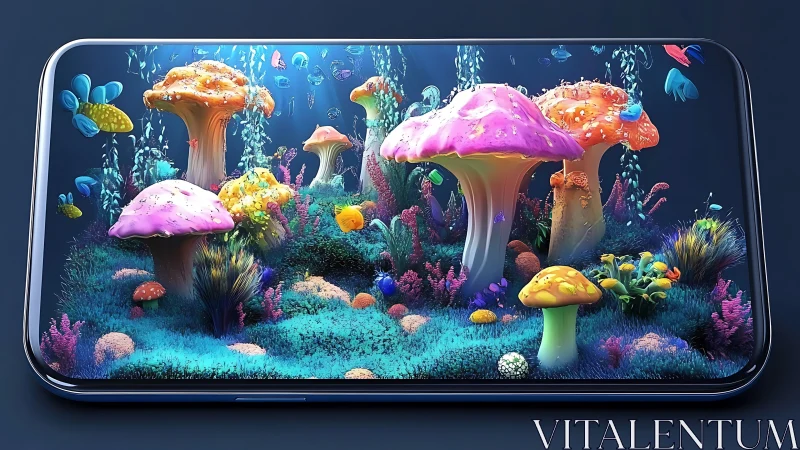 Neon mushroom forest emerging from smartphone screen.